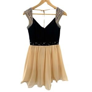 Little Mistress Black Beaded Cap Sleeve‎ Skater Dress Peach Chiffon Skirt
